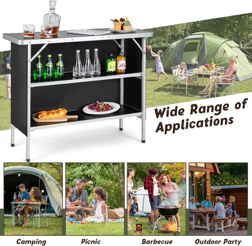 Vista 9 de Giantex Mesa de bar portátil para eventos, estación móvil plegable con estantes de almacenamiento, falda de privacidad extraíble, funda de Negro