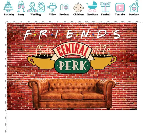 Vista 4 de Fondo de 6 x 4 pies para fiesta de amigos de Central Perk, pared de ladrillo rojo, retro, sofá de pub y café, fondo para fotografía de cumpleaños