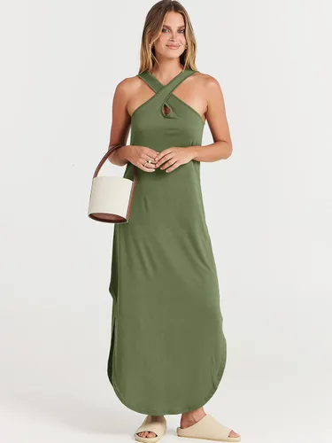 Vista 9 de ANRABESS Vestido largo casual de verano para mujer, con tirantes cruzados, sexy, abertura lateral, sin mangas, suelto, para playa, con bolsillos