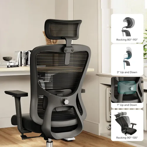 Vista 3 de Silla de oficina de respaldo alto con soporte lumbar, silla de escritorio Negro