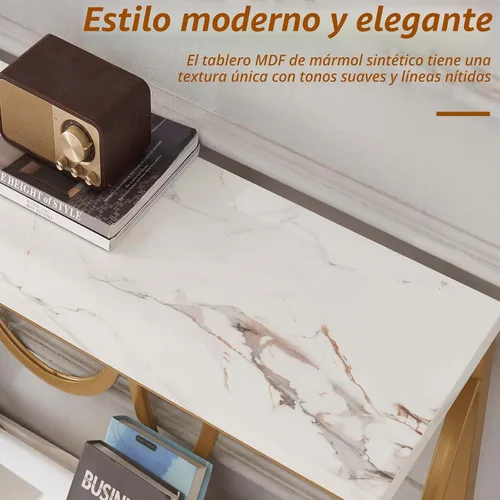 Vista 5 de HOMISSUE Mesa consola de sofá, moderna mesa consola dorada con mesa de mármol sintético, mesas de entrada de madera de ingeniería con almacenamiento