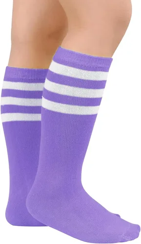 Vista 2 de Komorebi Calcetines de fútbol para niños, calcetines de tubo hasta la rodilla, calcetines de tres rayas de algodón, uniforme deportivo para niñas