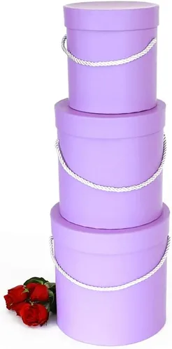 Vista 2 de UNIKPACKAGING Caja de flores redonda de alta calidad, cajas de regalo para arreglos florales y de regalo, juego de 3 piezas (lavanda)