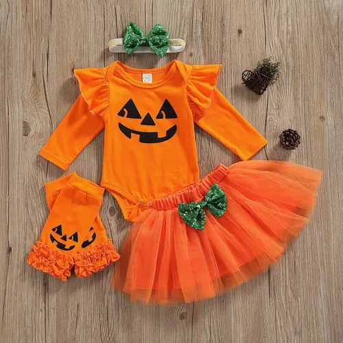 Vista 3 de Conjunto de 4 piezas de Halloween para bebés y niñas de manga larga de malla con falda de burbujas leggings