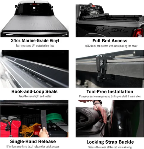 Vista 6 de Toptiny Cubierta enrollable suave para caja de camioneta, SR004, compatible con Chevy Silverado 2014 - 2018, GMC Sierra de 6 pies 5 pulgadas