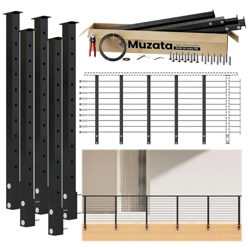 Vista 12 de Muzata Kit de barandilla de cable modular negro de 4 a 8 pies, kit de poste de 2 niveles de 36 pulgadas, sistema completo de barandilla de cable