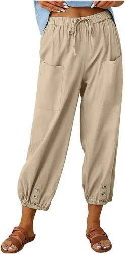 Vista 22 de Pantalones capri de cintura alta con cordón y botón de algodón suelto casual con bolsillos para mujer