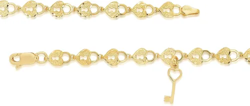 Vista 2 de Pulsera de oro amarillo de 10 quilates con acabado texturizado en forma de corazón y eslabones de llave, Metal, no conocido