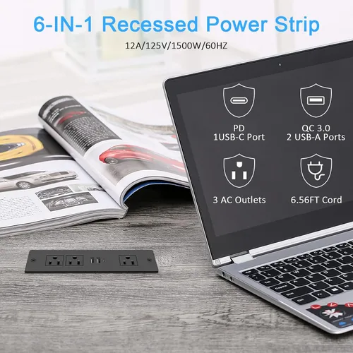 Vista 2 de Regleta de alimentación empotrada, tomacorriente de cajón para muebles con USB-C PD de 20W y USB-A QC3.0 de 18W, enchufe en 3 salidas y puertos USB