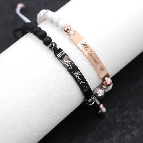 Vista 8 de Uloveido Pulseras personalizadas para parejas con imán, acero inoxidable y cuentas naturales, grabado personalizado, hecho a mano, cuerda trenzada