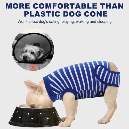 Vista 4 de IDOMIK Traje de recuperación para perros – Mono esterilizador femenino y masculino, ajustable antilamer, transpirable y cómodo, talla S, rayas azules
