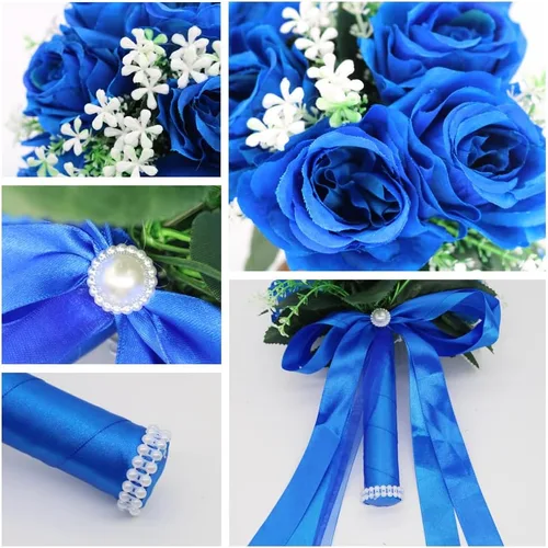 Vista 3 de Ramos de boda para novia, pequeña flor nupcial para dama de honor, rosa artificial azul