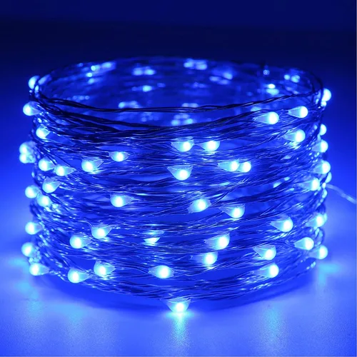 Vista 2 de RUICHEN Luces de Hadas de Alambre Plateado Enchufables de 33 Pies, Cadena de 100 Luces LED con Carrete, Azul Waterproof, Silver Coated Copper Wire