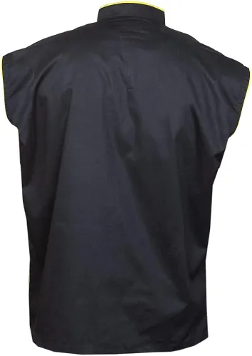 Vista 2 de Chaqueta profesional de peluquero para hombre, sin mangas, color negro, con 2 bolsillos para herramientas de peluquero y cremallera unidireccional