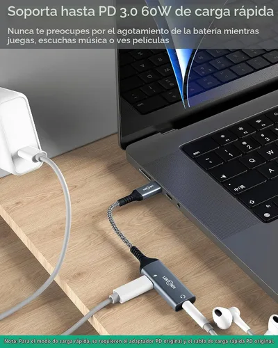 Vista 4 de LERTOSEN Adaptador USB C a 3.5mm para Auriculares y Cargador, 2 en 1 USB C a Conector de Audio Auxiliar con Cable de Carga Rápida PD para iPhone 17