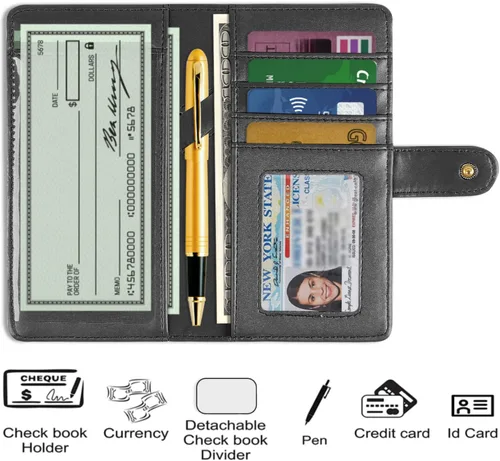 Vista 4 de Cubierta de cuero de la PU para registrar cheques duplicados, soporte de chequera de bloqueo RFID, Negro -, Estilo Billetera