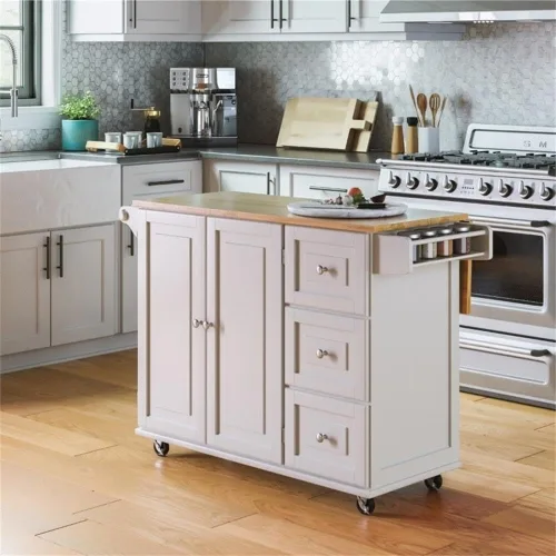 Vista 2 de Hawthorne Collections Carrito de cocina de madera, acabado blanco, encimera de hojas caídas, ruedas con bloqueo, estante de especias, barra