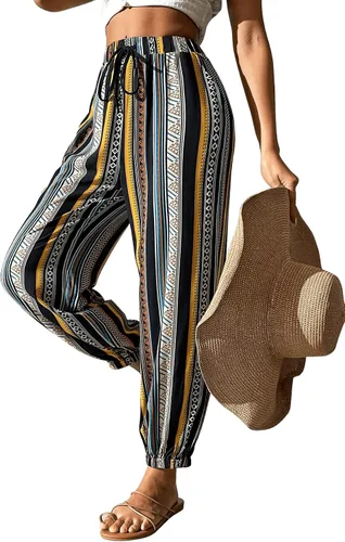 Vista 3 de SweatyRocks Pantalones bohemios de cintura alta elástica con lazo frontal a rayas con bolsillo para mujer