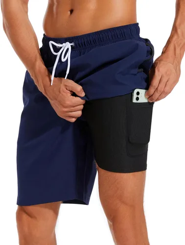 Vista 26 de Difficort - Traje de baño para hombre con forro de compresión, pantalones cortos de secado rápido con bolsillos con cremallera 1-a/ Rayas negras