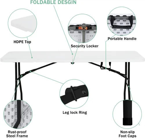 Vista 6 de Mesa plegable portátil de 6 pies plegable por la mitad con asa, soporta hasta 500 libras, mesa de comedor para interiores y exteriores para fiestas
