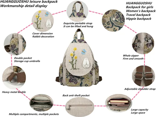 Vista 126 de HUANGGUOSHU Mochila de algodón tejida de algodón bohemio con bordado de lona estilo bohemio con múltiples bolsillos retro linda mochila cartera