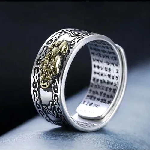 Vista 3 de Angyape Feng Shui Pixiu - Anillo de mantra ajustable budista de buena suerte, mantra, doble protección, riqueza, amor, salud, regalo para hombres
