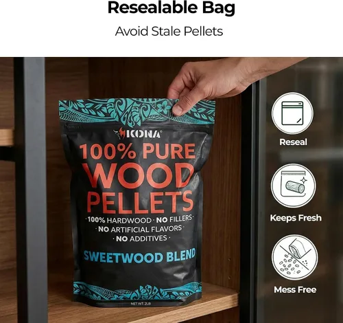 Vista 4 de Kona Sweetwood Blend - Gránulos ahumadores diseñados para parrilla Ninja Woodfire al aire libre, bolsa resellable de 2 libras