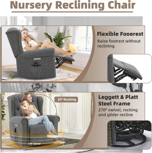 Vista 4 de Silla reclinable mecedora giratoria eléctrica con masaje y calor, mecedora eléctrica para cuarto de bebé, para sala de estar, silla reclinable Gris