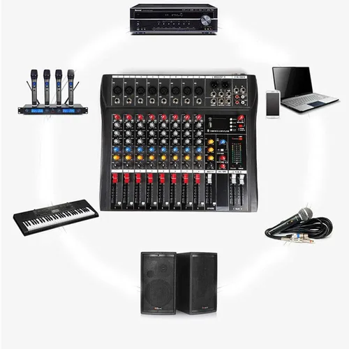 Vista 4 de Consola de mezcla profesional de 8 canales Mezclador de audio Bluetooth Digital USB MP3 Entrada 48V Phantom Power Estéreo DJ Studio Audio Mezclador