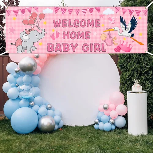 Vista 4 de Banderas de bienvenida a casa para bebé niña para exterior, 24 x 72 pulgadas, doble cara, bandera de "It's a Girl", bandera de pared de baby shower