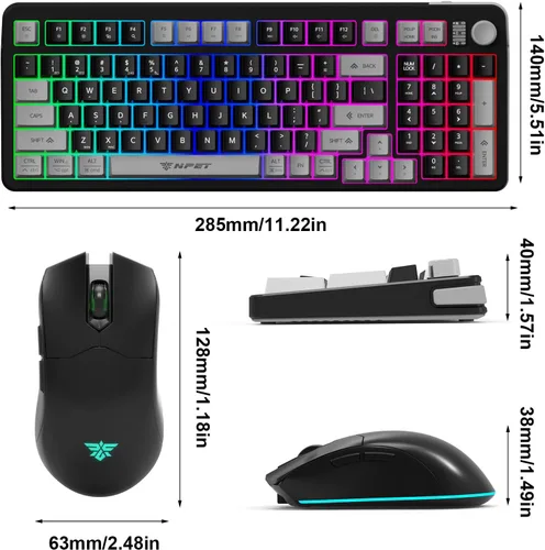 Vista 6 de NPET Teclado y ratón inalámbricos gaming con tri-modo, teclado RGB de 98 teclas con perilla y ratón gaming, 12 teclas multimedia para Windows, PC