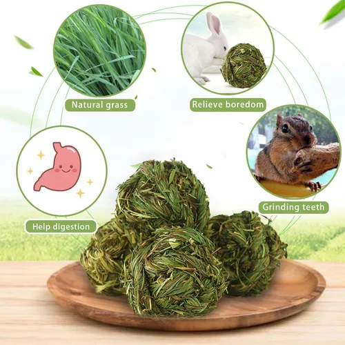 Vista 6 de PINVNBY 2 bolas de heno Timothy de conejo, juguetes naturales para masticar, bola de hierba, dientes de animales pequeños, bola de juego tejida
