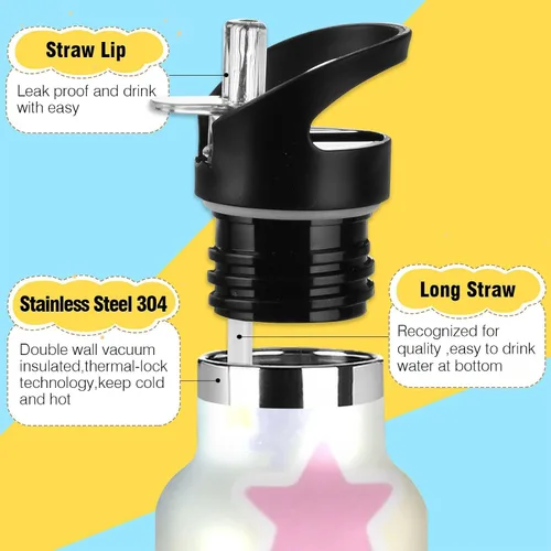 Vista 3 de Gradient Rainbow Star - Botella de agua para niños a prueba de fugas y sin BPA con tapa con pajilla, doble pared aislada al vacío para deportes