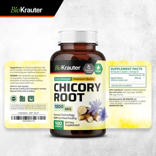 Vista 8 de BIO KRAUTER® Raíz de achicoria para apoyo intestinal y digestivo, prebióticos veganos puros y suplemento de fibra en cápsulas de 1200 mg por