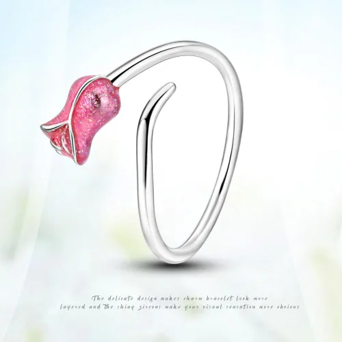 Vista 2 de Anillo de plata de ley 925, anillo de extremo abierto, anillo tallado de circonita colorida, anillo de flor y plumas, anillo ajustable de plata