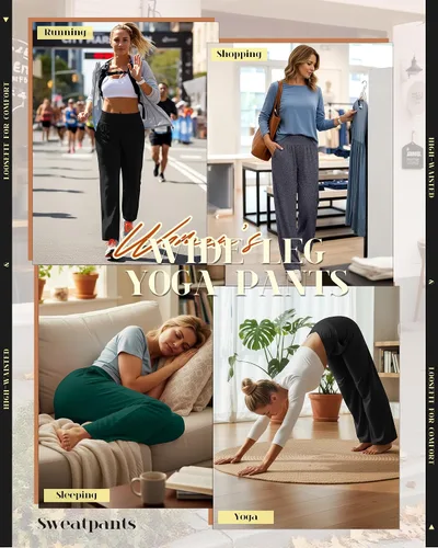 Vista 16 de Neer - Conjunto de 3 pantalones de yoga de pierna ancha para mujer - Pantalones deportivos cómodos, holgados, de cintura alta y casuales