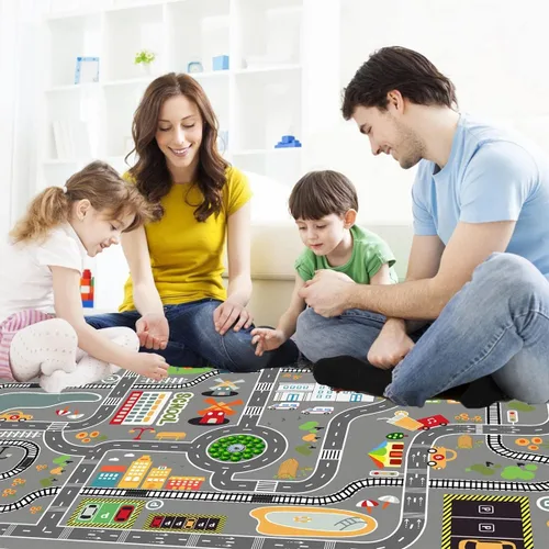 Vista 6 de Alfombra de juego para automóvil, ideal para jugar con autos y juguetes, alfombra de sala de juegos para niños con respaldo de goma, área