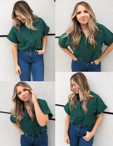 Vista 3 de Chigant Blusas de algodón y lino para mujer, camisas Henley de manga corta con botones y cuello en V y dos bolsillos