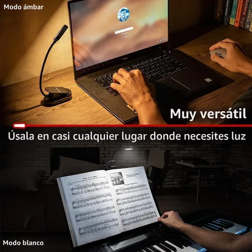 Vista 7 de GearLight Luz de libro recargable para leer en la cama – Lámpara LED con clip manos libres con 3 modos de luz, brillo ajustable, luz de lectura Negro