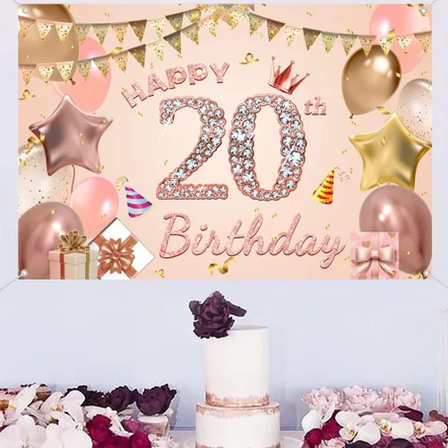 Vista 4 de Cartel de tela con texto en inglés "Happy 20th Birthday" para niñas y mujeres jóvenes de 20 años, cartel de tela para fiesta de cumpleaños de mujer