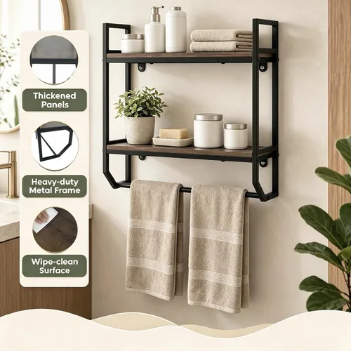Vista 9 de LOKO 2-Tier Bathroom Towel Rack, Wall Mounted Hanging Shelf (Gray Oak)