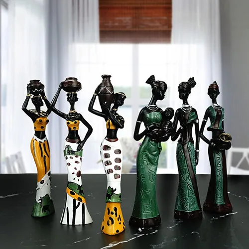 Vista 6 de Paquete de 3 esculturas de estatuas africanas, figuras tribales de dama, África, decoración del hogar, figuras de arte, manualidades coleccionables