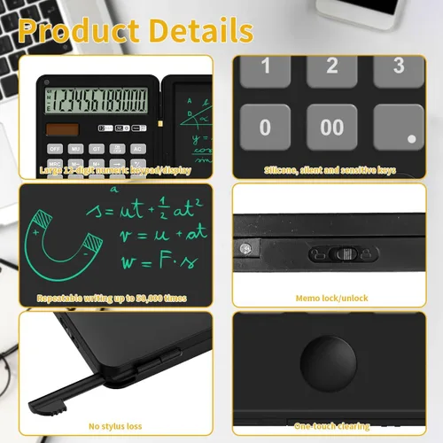 Vista 3 de Calculator with Writing Pad,12-Digit LCD Display, Dual Power Solar + Coin Cell,1-Yr Battery Life Silicone Keys for Comfort Lightweight Portable for