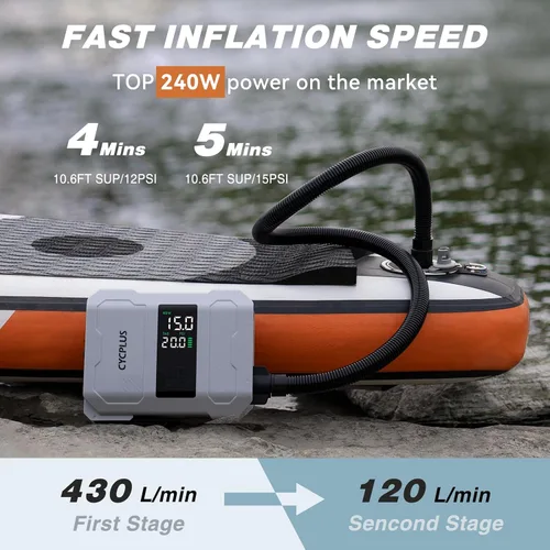 Vista 2 de CYCPLUS Bomba de paddleboard recargable de 20 PSI, inflado rápido inteligente de doble etapa, función de desinflado, apagado automático y pantalla