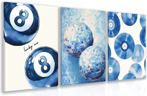 Vista 10 de GELDSTEI Arte de Pared de Guepardo Azul Preppy, Imágenes Estéticas Retro de Bola 8 Azul Marino, Obra de Arte en Lienzo Envuelto de Labios de Beso
