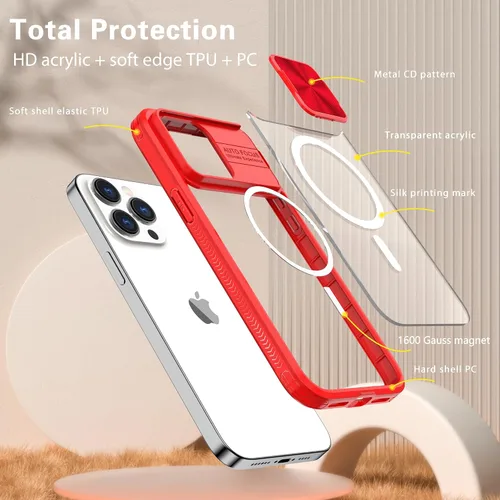 Vista 6 de Funda transparente para iPhone 15 Pro Max con cubierta para lente de cámara deslizante, compatible con MagSafe, antideslizante, delgada, magnética