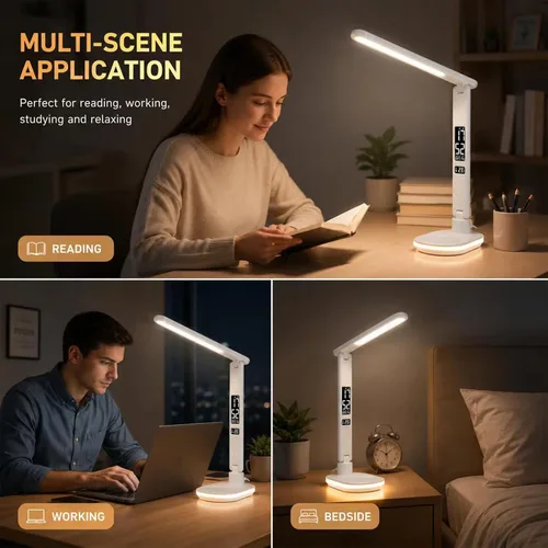 Vista 7 de Lámpara de escritorio LED con carga inalámbrica QI de 10 W, lámpara de mesa Flexo con 3 colores y 5 niveles de brillo con función de carga, USB