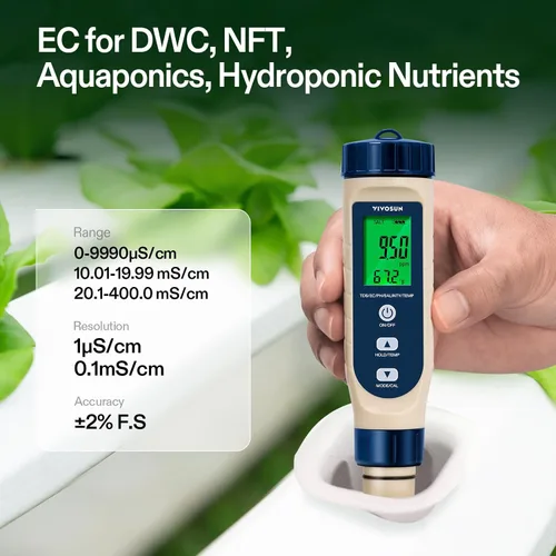Vista 4 de VIVOSUN Medidor de pH digital 5 en 1 con función de PH/salinidad/TDS/EC/temperatura, pantalla de retroiluminación, IP67 impermeable para hidroponía