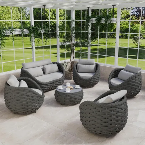 Vista 28 de Juego de muebles de patio de aluminio de 3 piezas: cuerda tejida a mano para conversación al aire libre, juego de 2 cojines modernos montados, juego