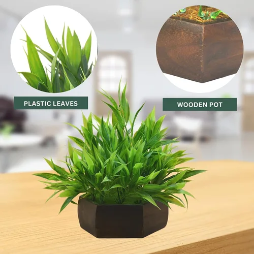 Vista 4 de Planta artificial de hojas de bambú (verde) con maceta hexagonal de madera (marrón), altura 7.9 in, plantas artificiales para decoración del hogar